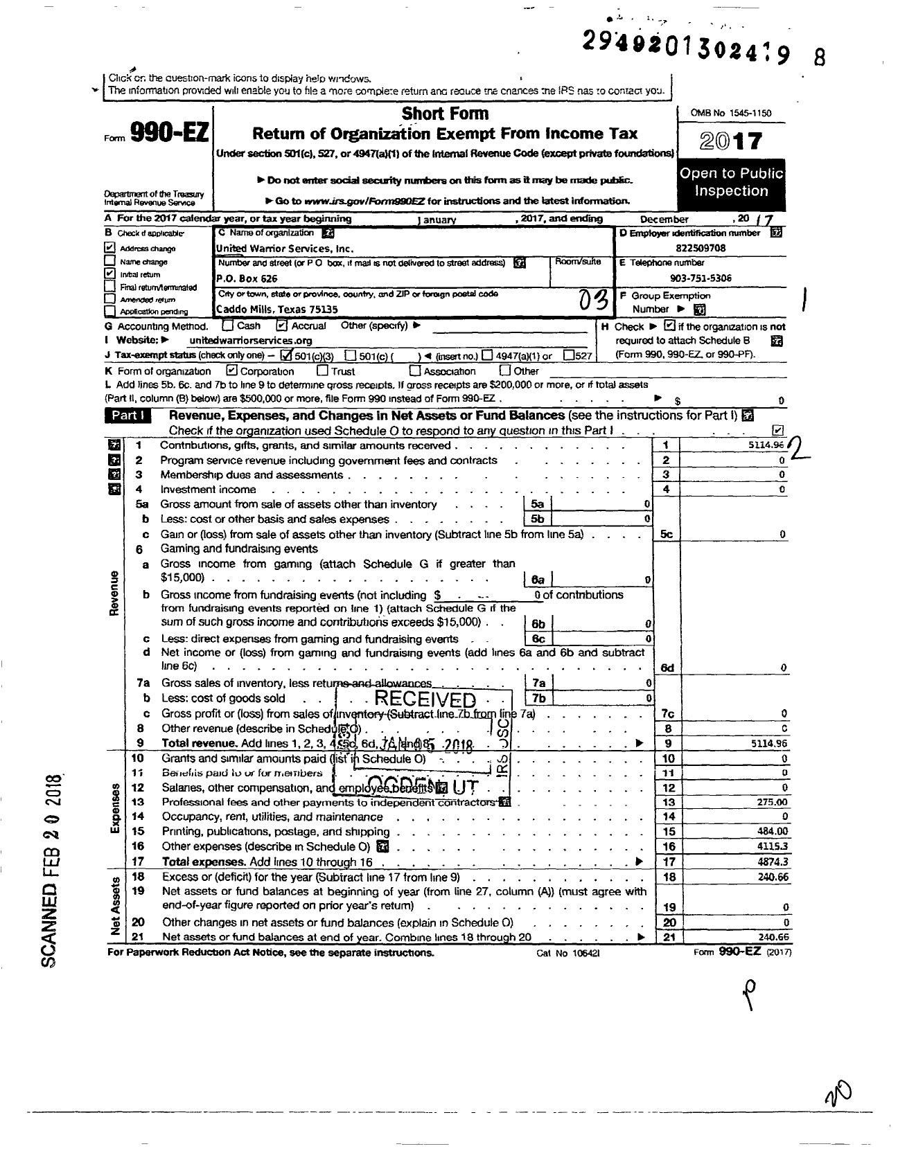 Image of first page of 2017 Form 990EZ for United Warrior Services