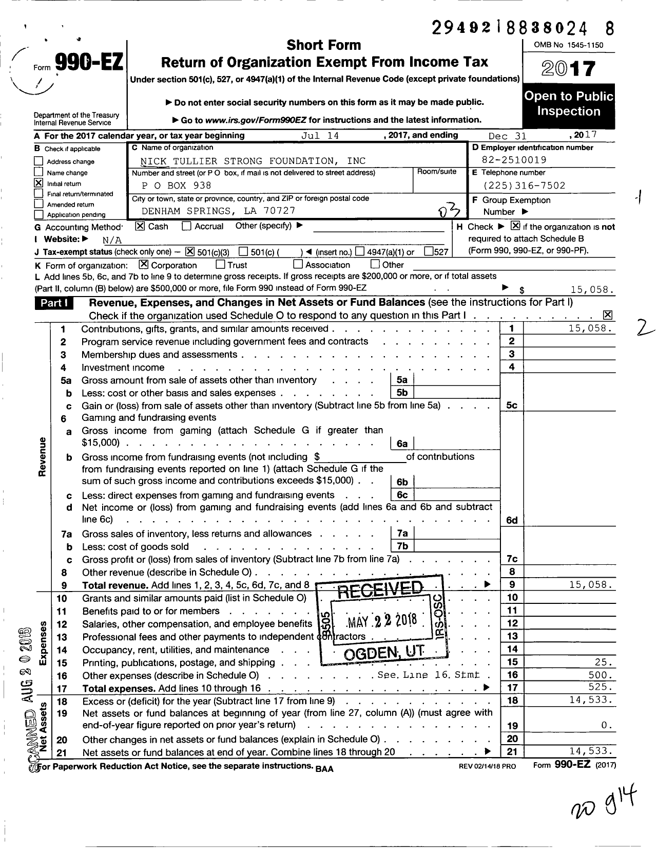 Image of first page of 2017 Form 990EZ for Nick Tullier Strong Foundation