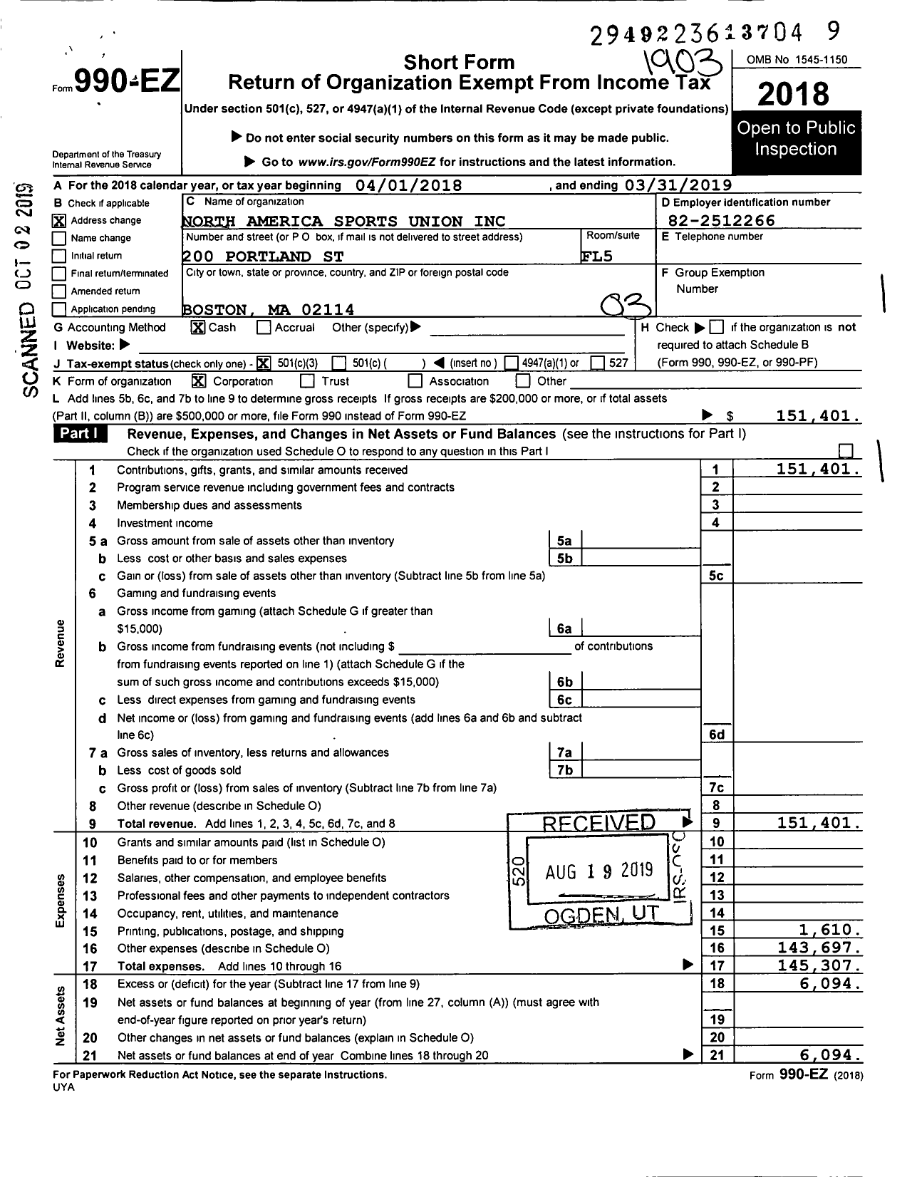 Image of first page of 2018 Form 990EZ for North America Sports Union (NASU)