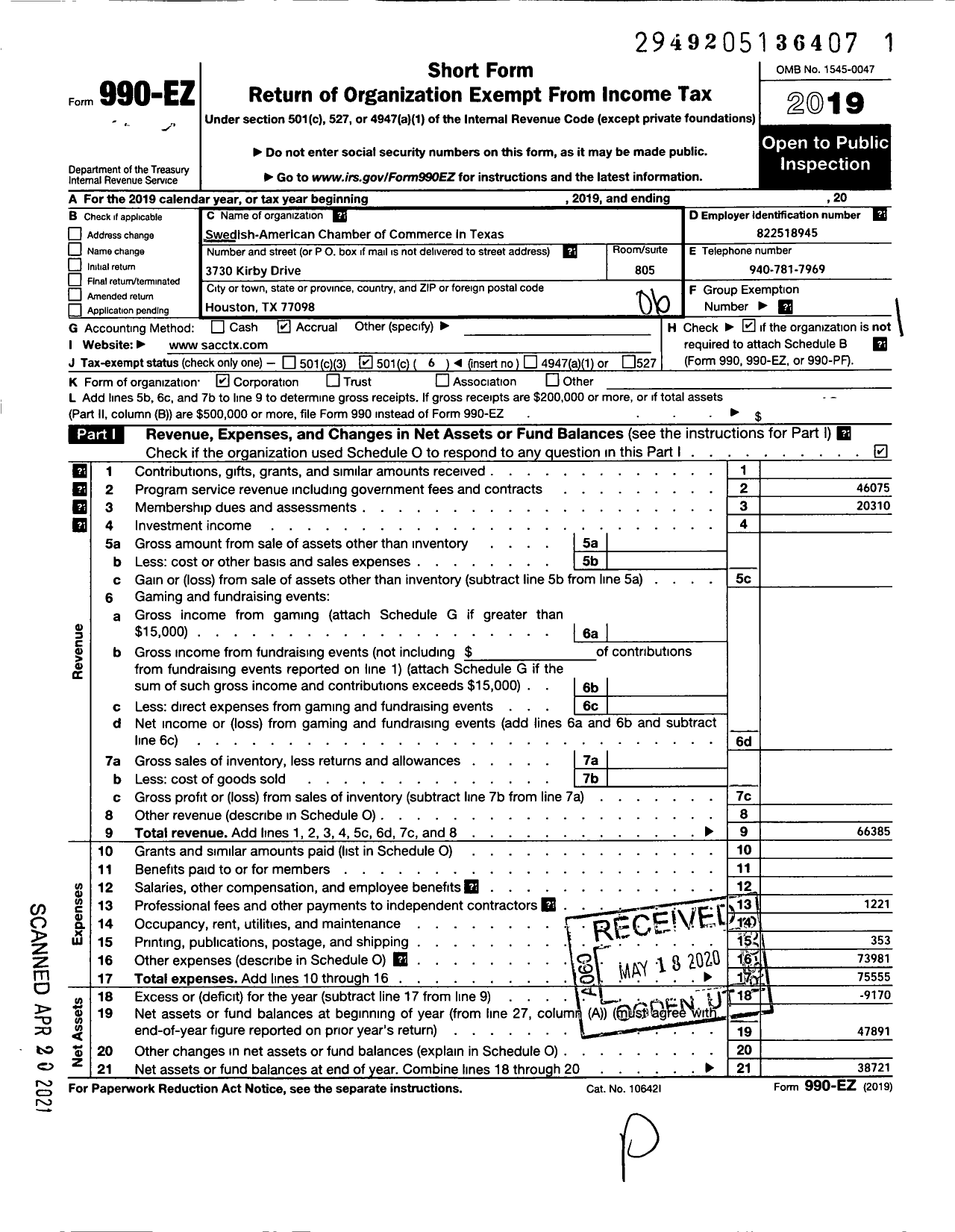 Image of first page of 2019 Form 990EO for Swedish American Chamber of Commerce