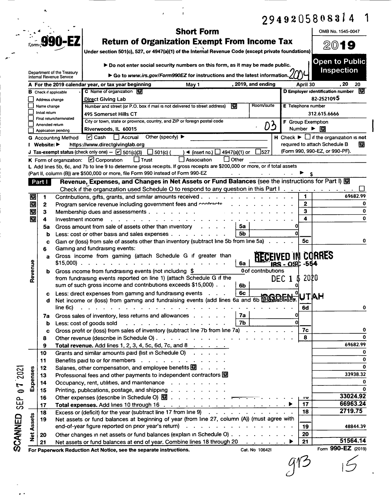 Image of first page of 2019 Form 990EZ for Direct Giving Lab