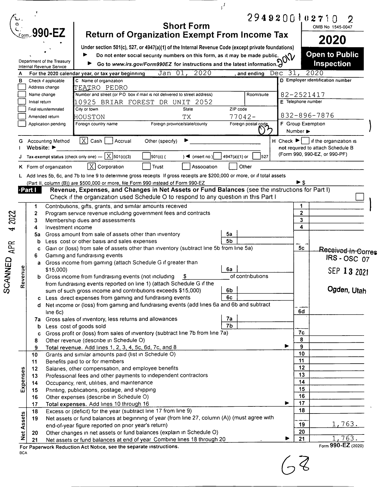 Image of first page of 2020 Form 990EZ for Teatro Pedro