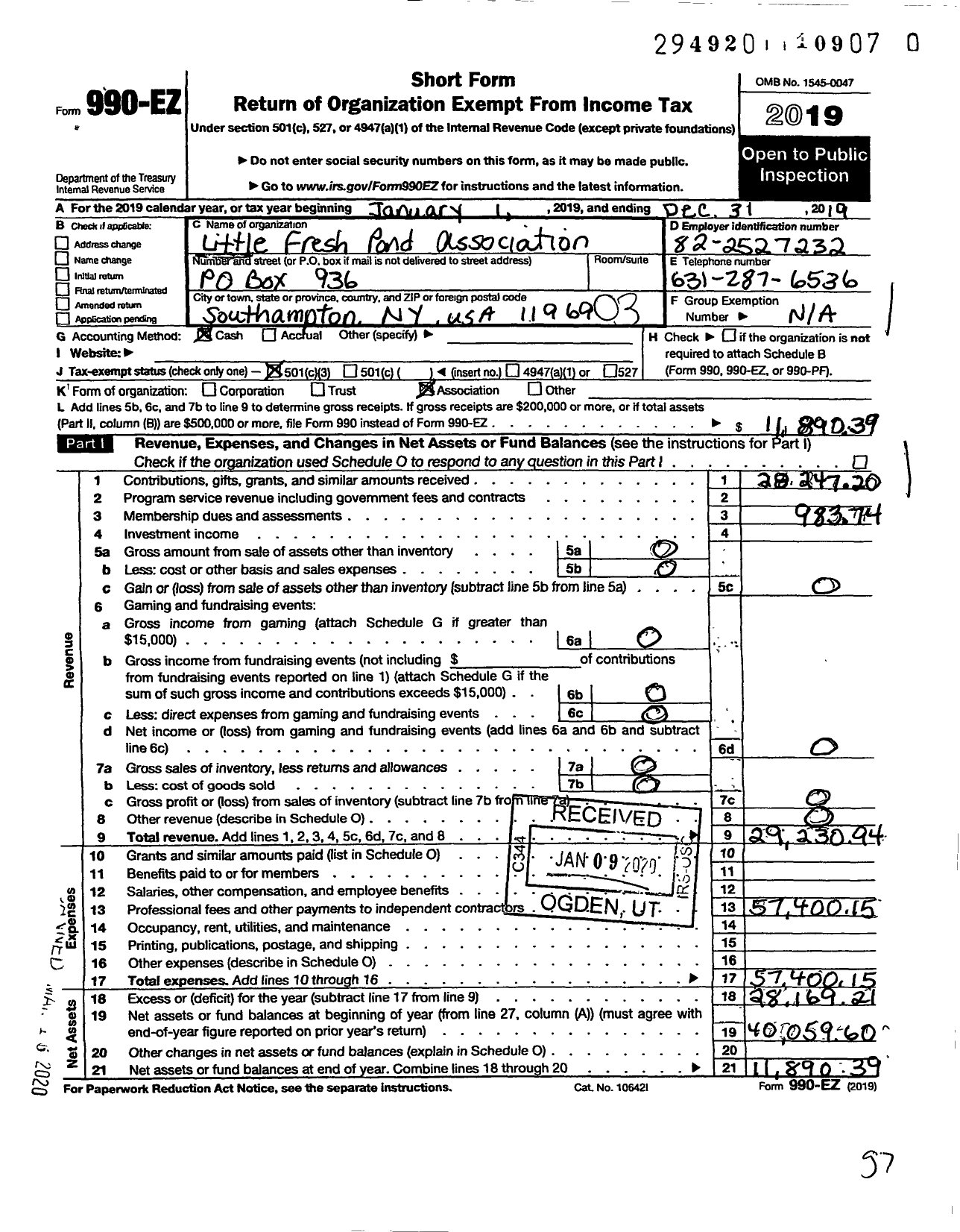 Image of first page of 2019 Form 990EZ for Little Fresh Pond Association