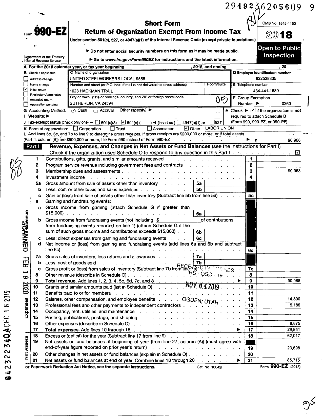 Image of first page of 2018 Form 990EO for United Steelworkers - 09555 Local