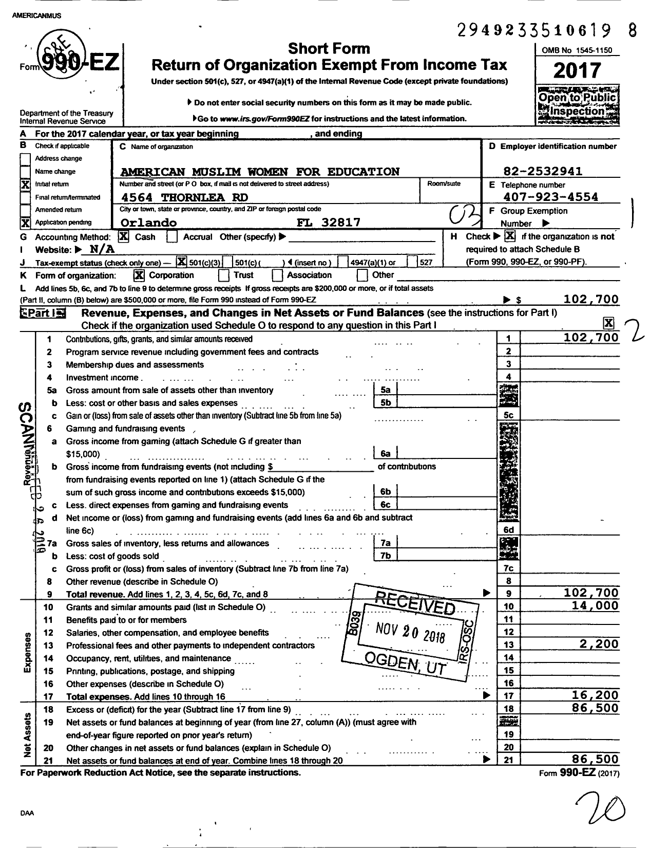 Image of first page of 2017 Form 990EZ for American Muslim Women for Education