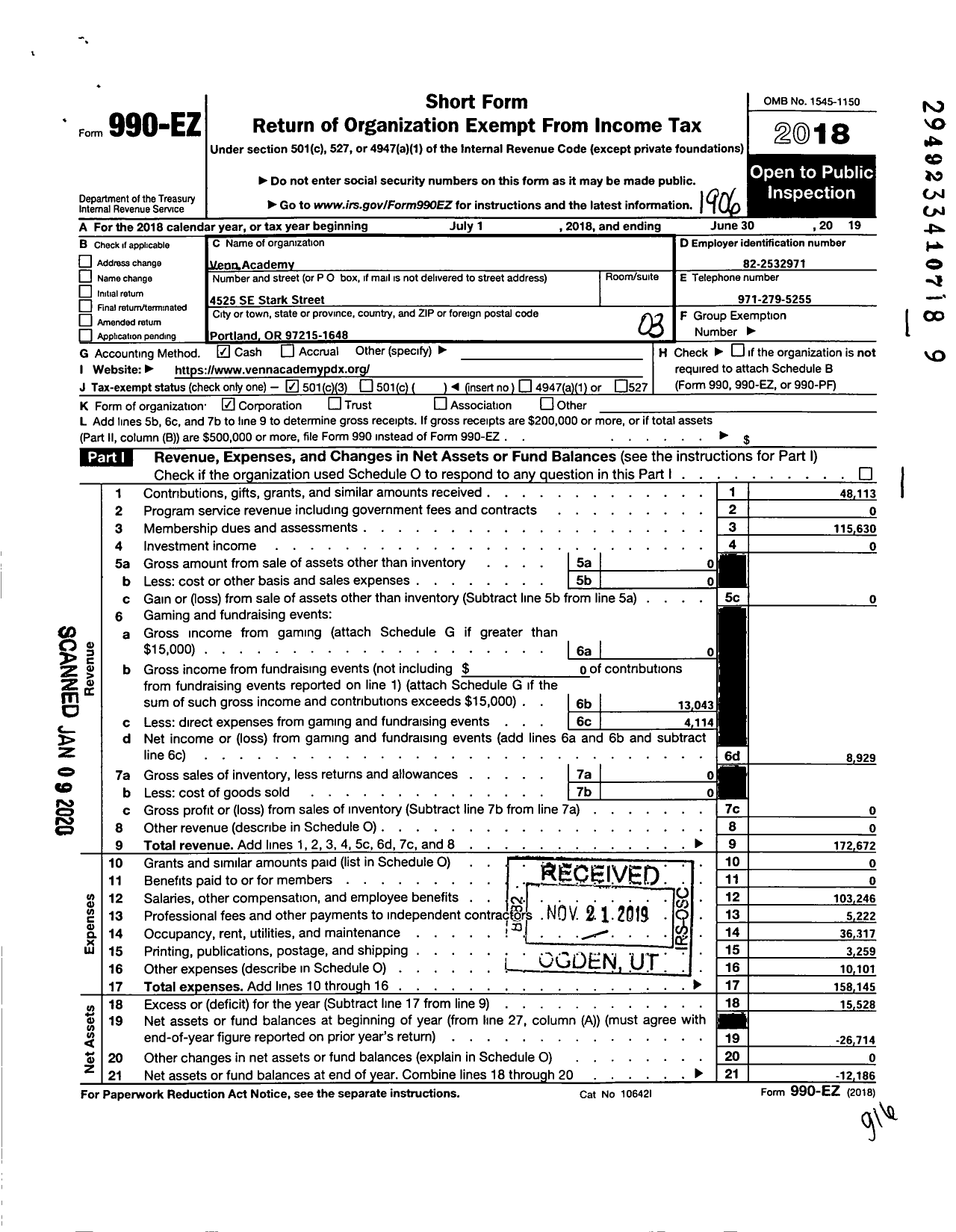 Image of first page of 2018 Form 990EZ for Venn Academy