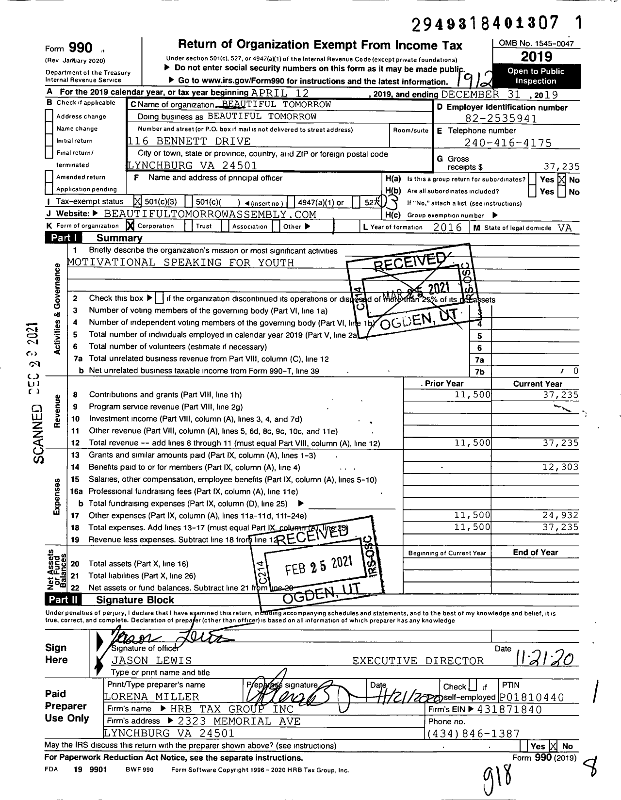 Image of first page of 2019 Form 990 for Beautiful Tomorrow