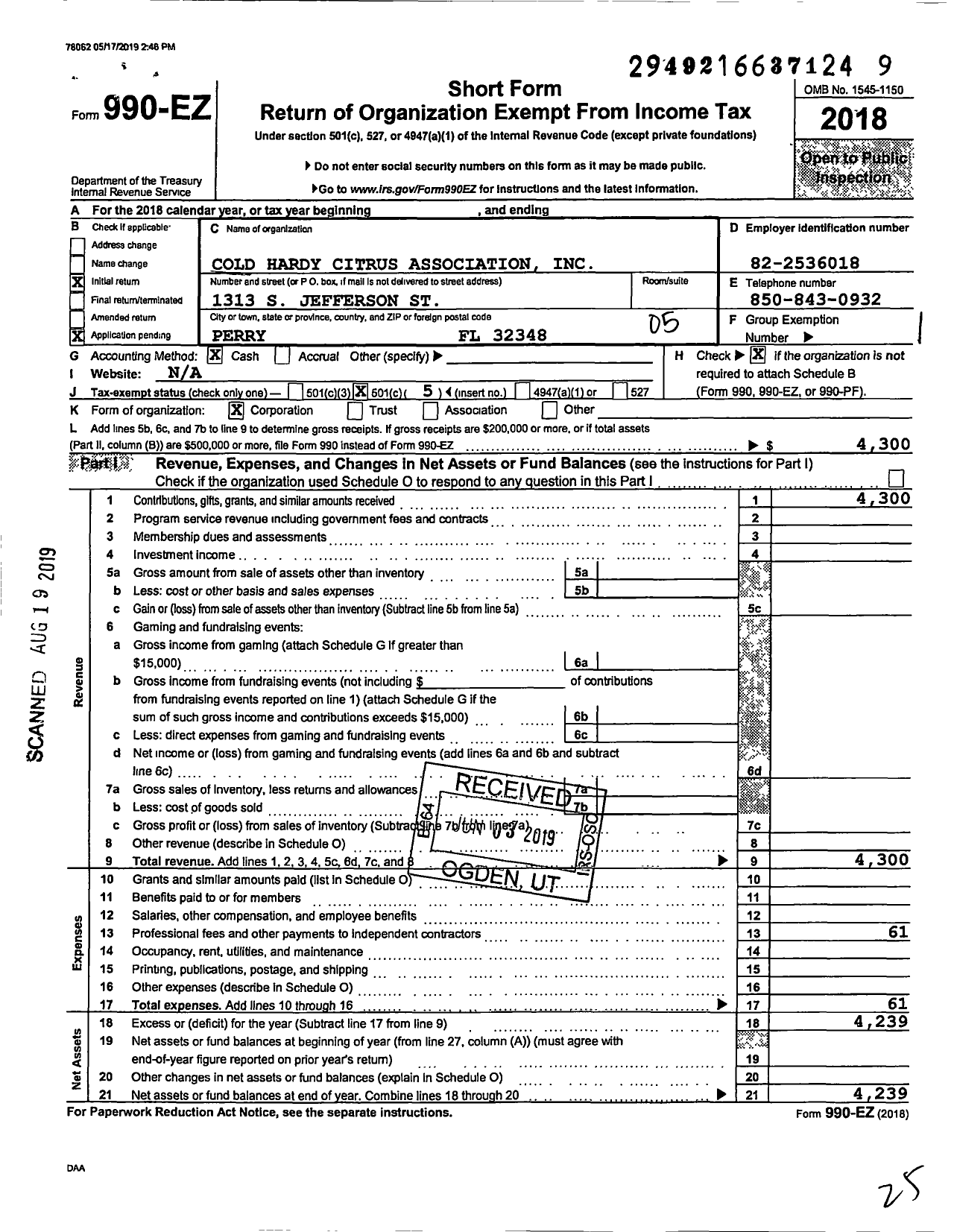 Image of first page of 2018 Form 990EO for Cold Hardy Citrus Association