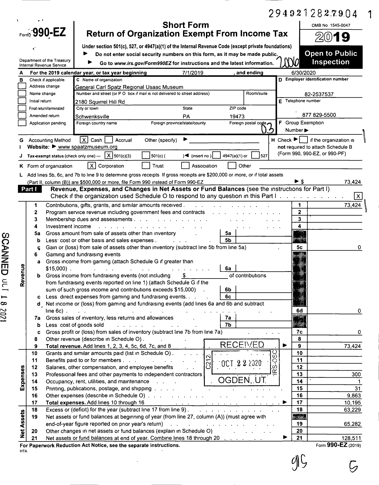 Image of first page of 2019 Form 990EZ for General Carl Spaatz Regional Usaac Museum