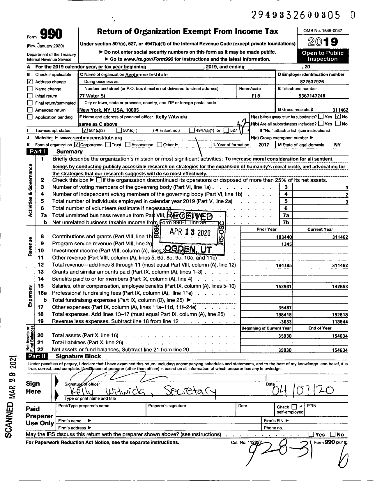 Image of first page of 2019 Form 990 for Sentience Institute