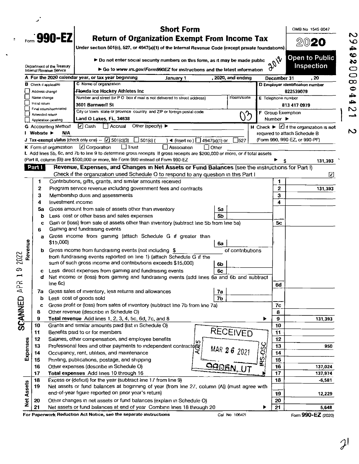 Image of first page of 2020 Form 990EZ for Florida Ice Hockey Athletes