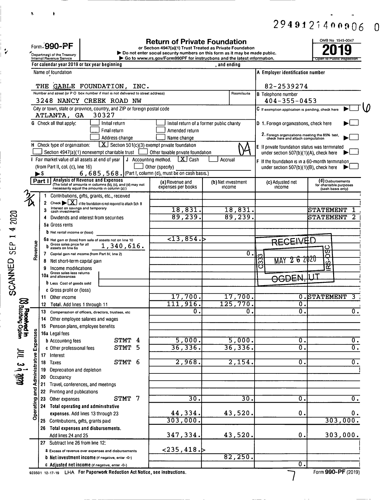 Image of first page of 2019 Form 990PR for The Gable Foundation