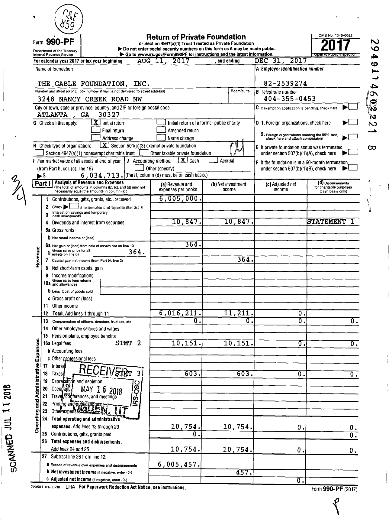 Image of first page of 2017 Form 990PF for The Gable Foundation