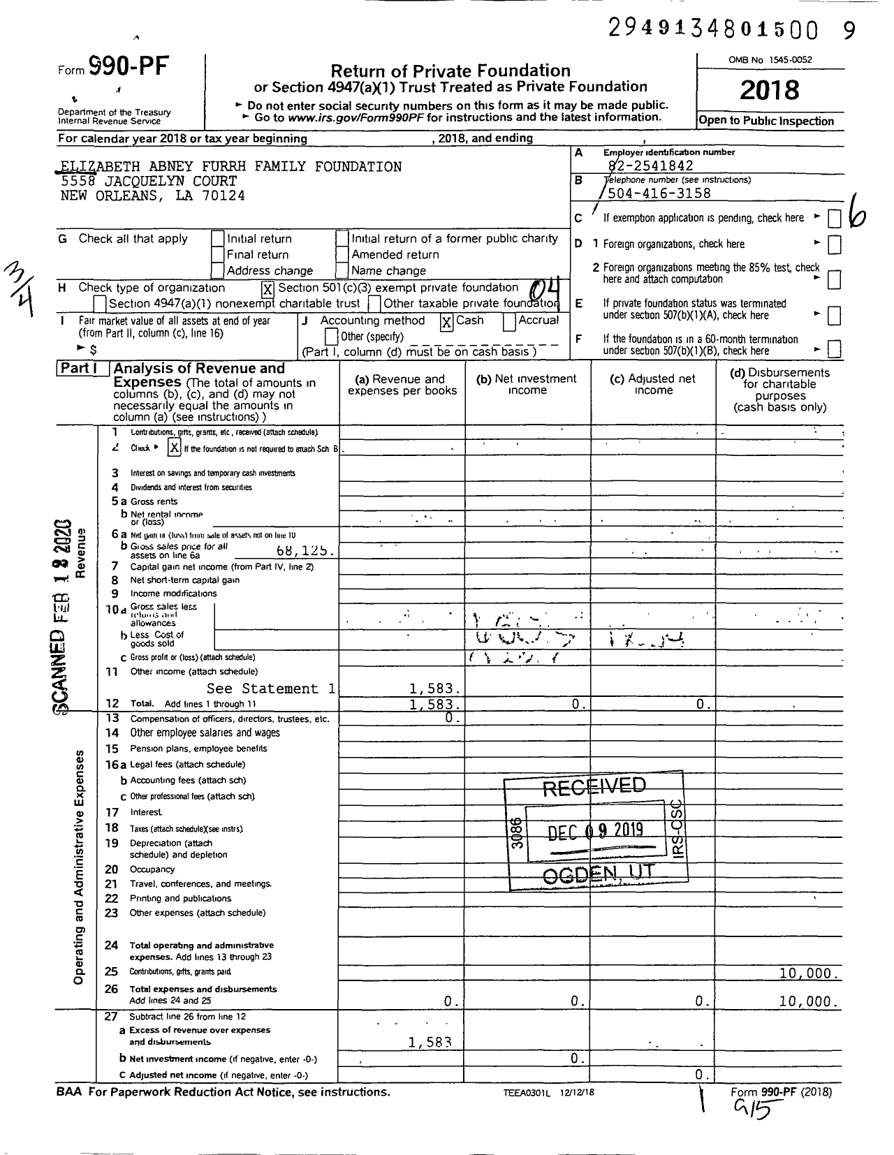 Image of first page of 2018 Form 990PF for Elizabeth Abney Furrh Family Foundation