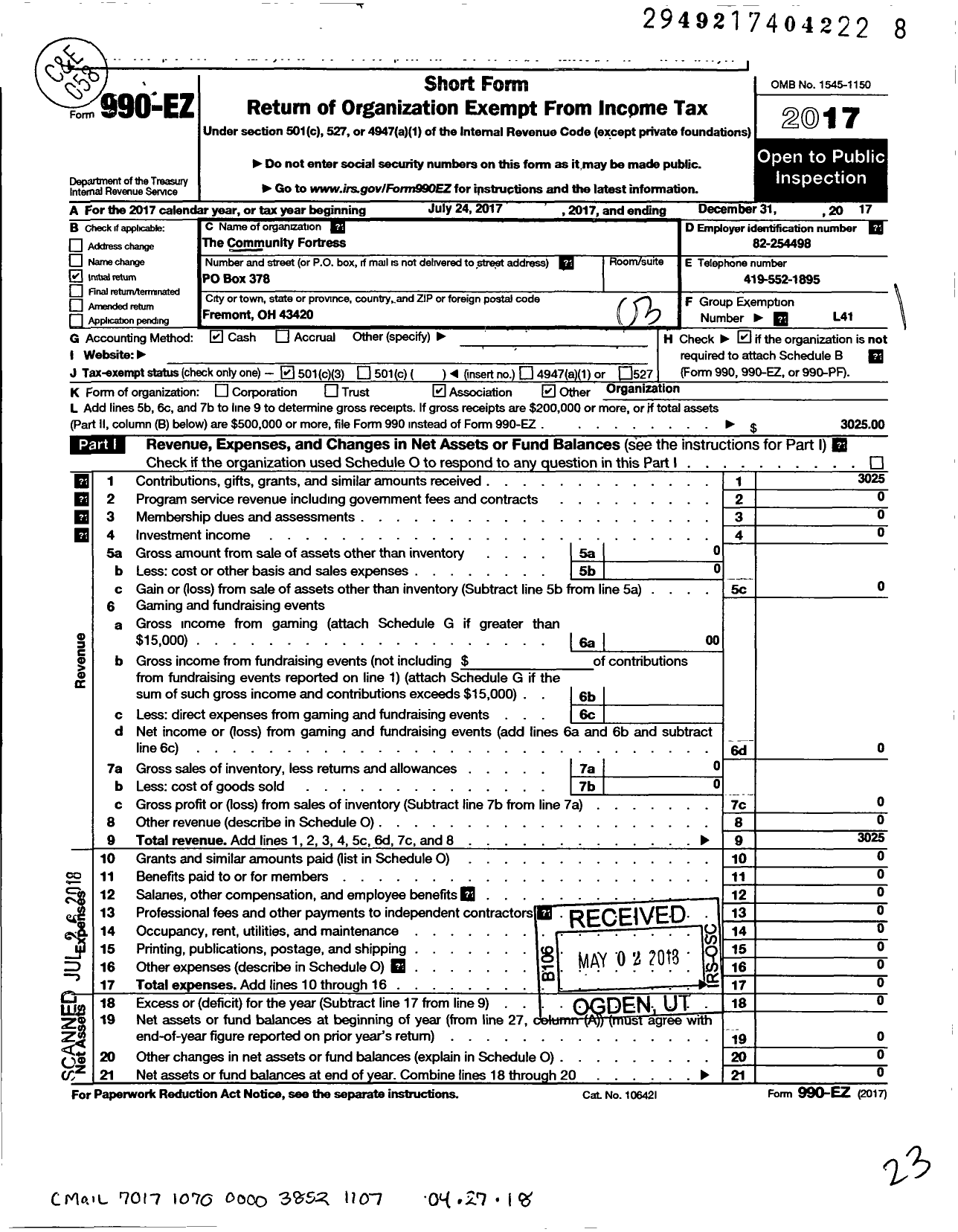 Image of first page of 2017 Form 990EZ for The Community Fortress