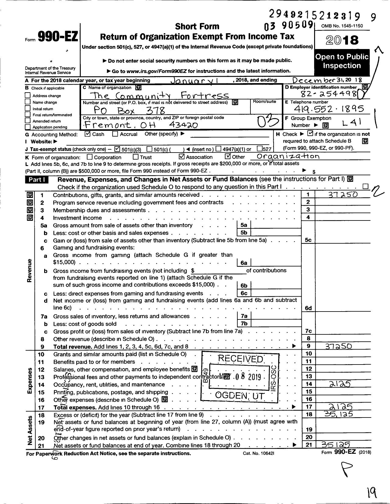 Image of first page of 2018 Form 990EZ for The Community Fortress