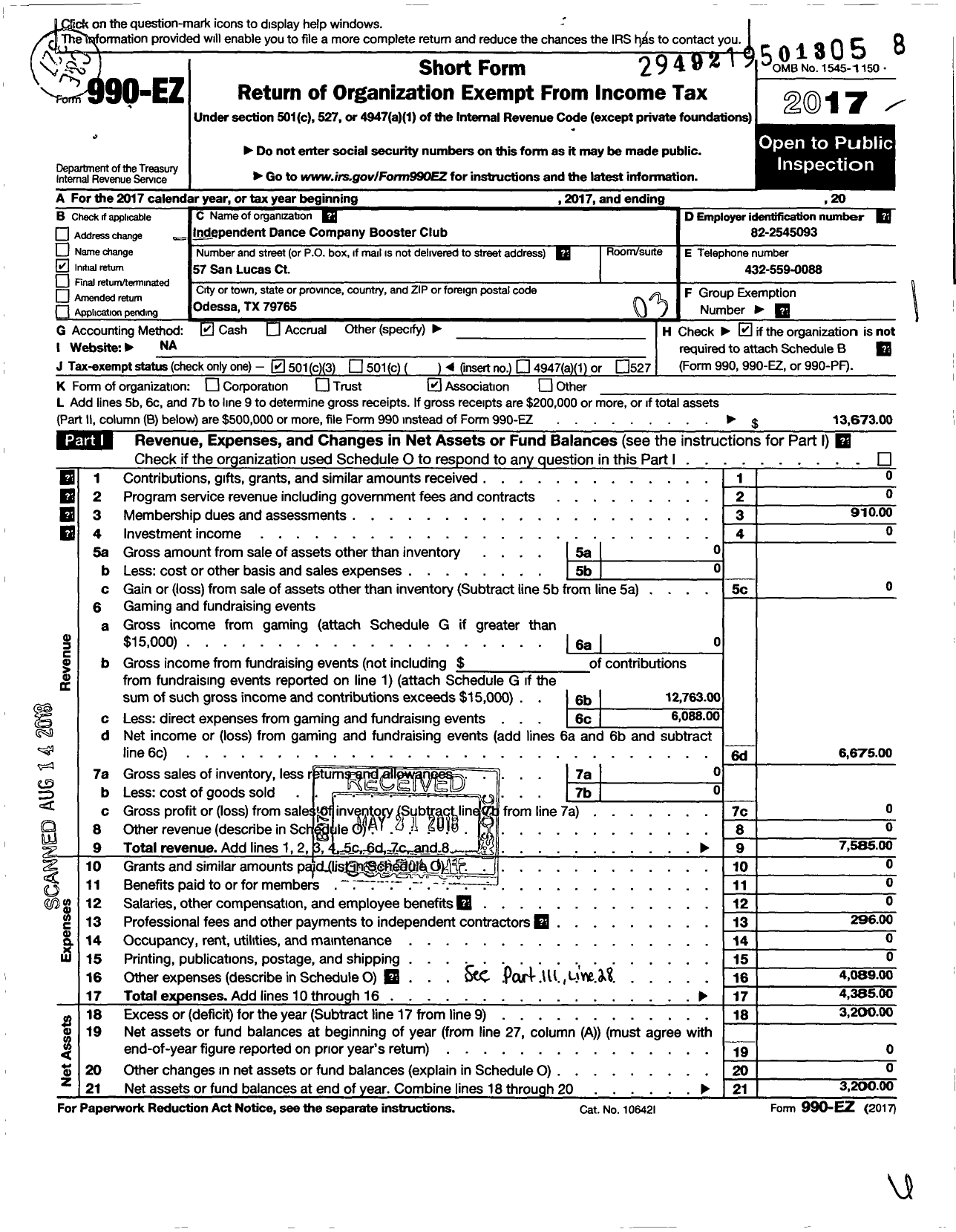 Image of first page of 2017 Form 990EZ for Independent Dance Company Booster Club