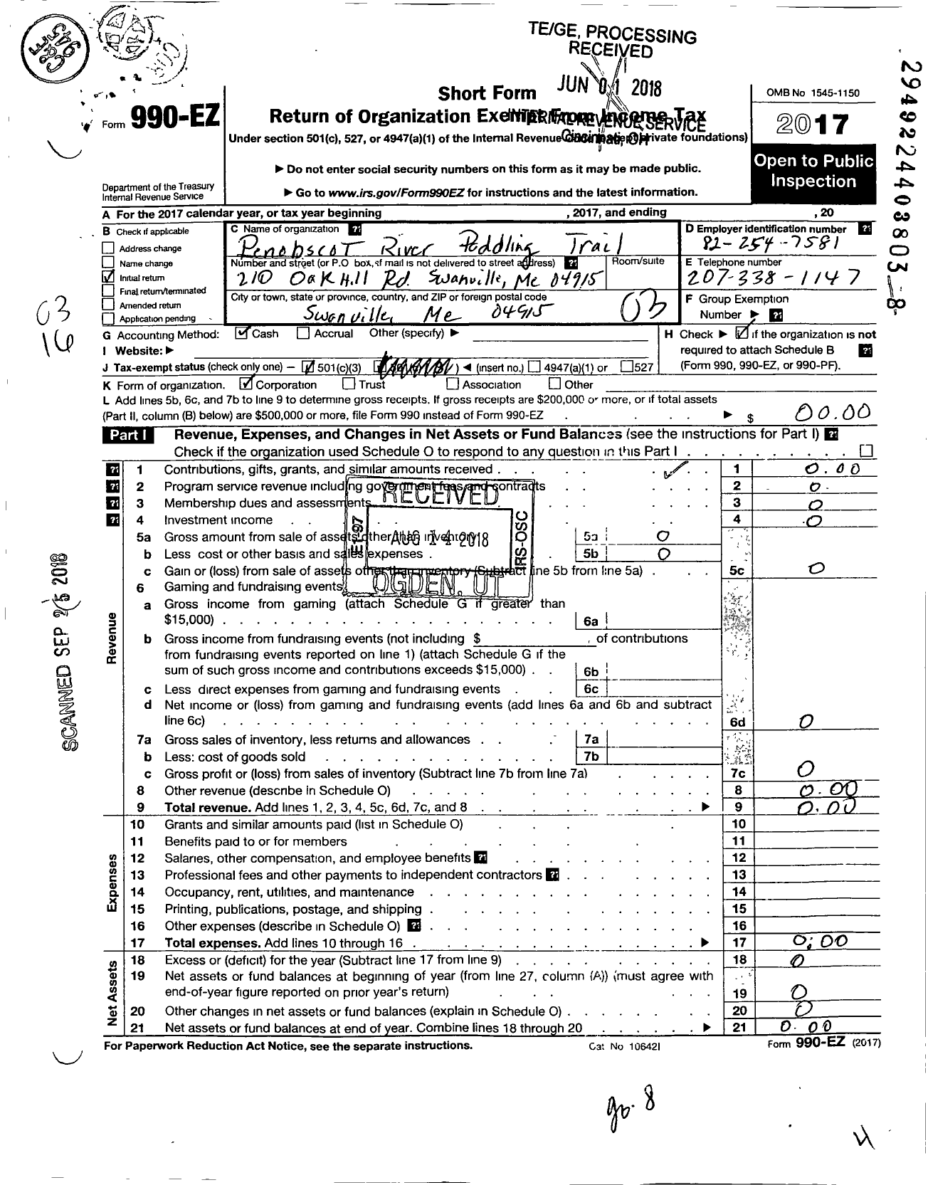 Image of first page of 2017 Form 990EZ for Penobscot River Paddling Trail