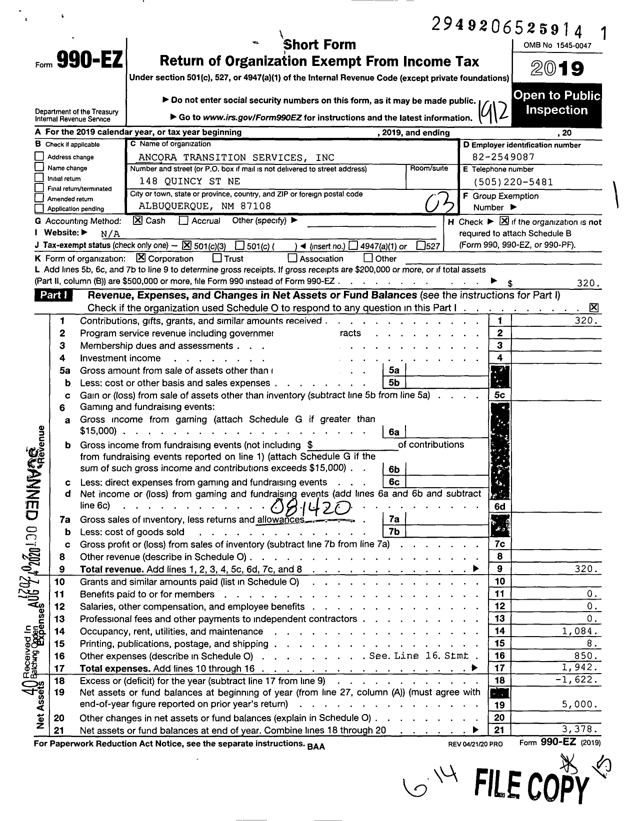 Image of first page of 2019 Form 990EZ for Ancora Transition Services
