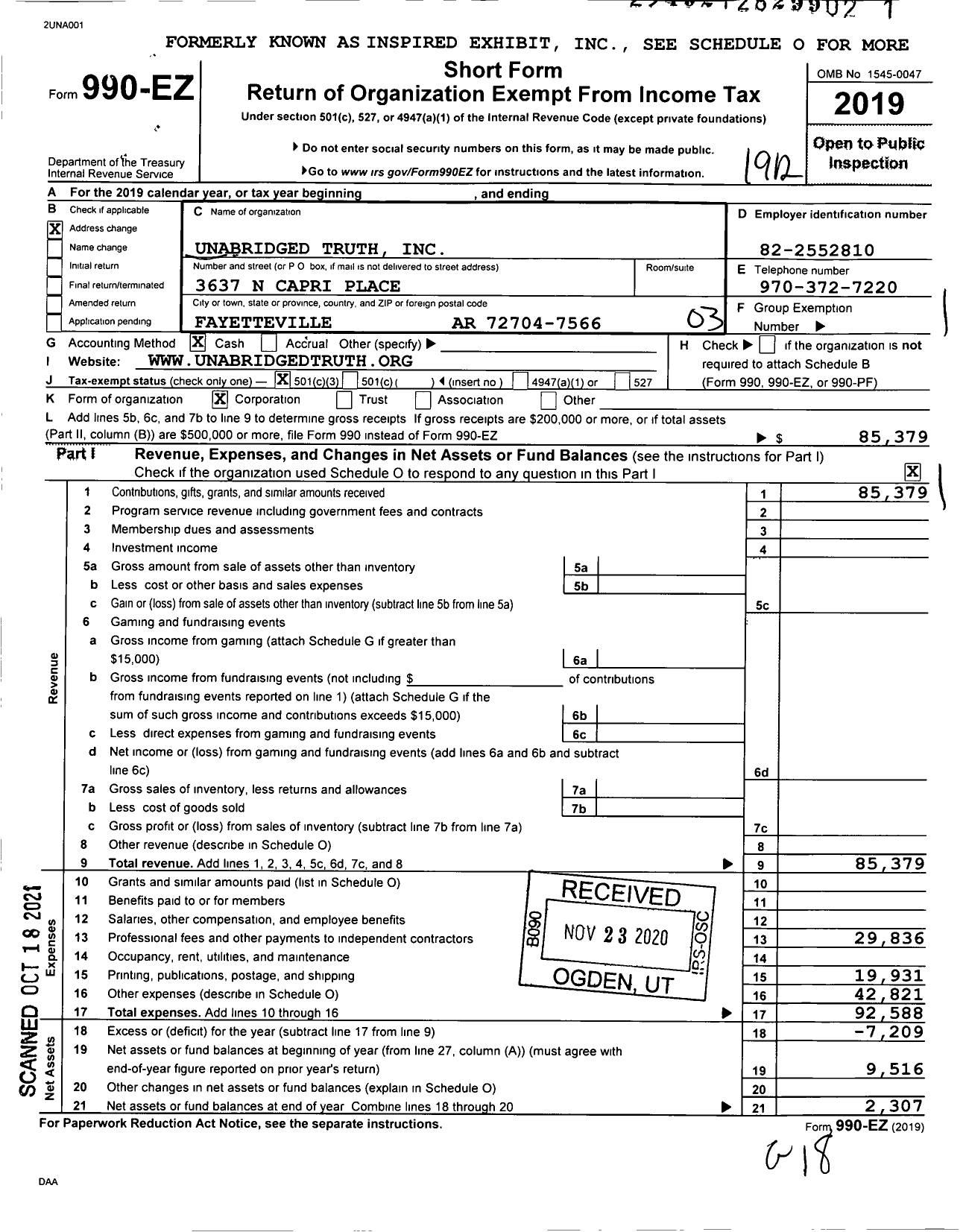 Image of first page of 2019 Form 990EZ for Unabridged Truth