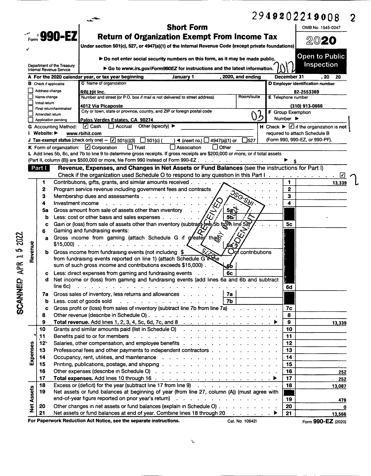 Image of first page of 2020 Form 990EZ for Rbi Hit