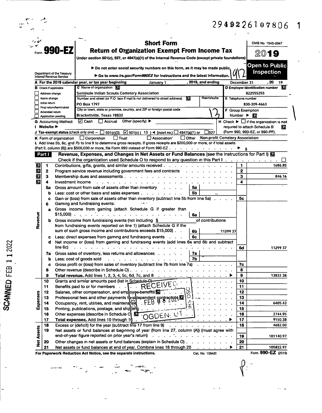 Image of first page of 2019 Form 990EO for Seminole Indian Scouts Cemetery Association