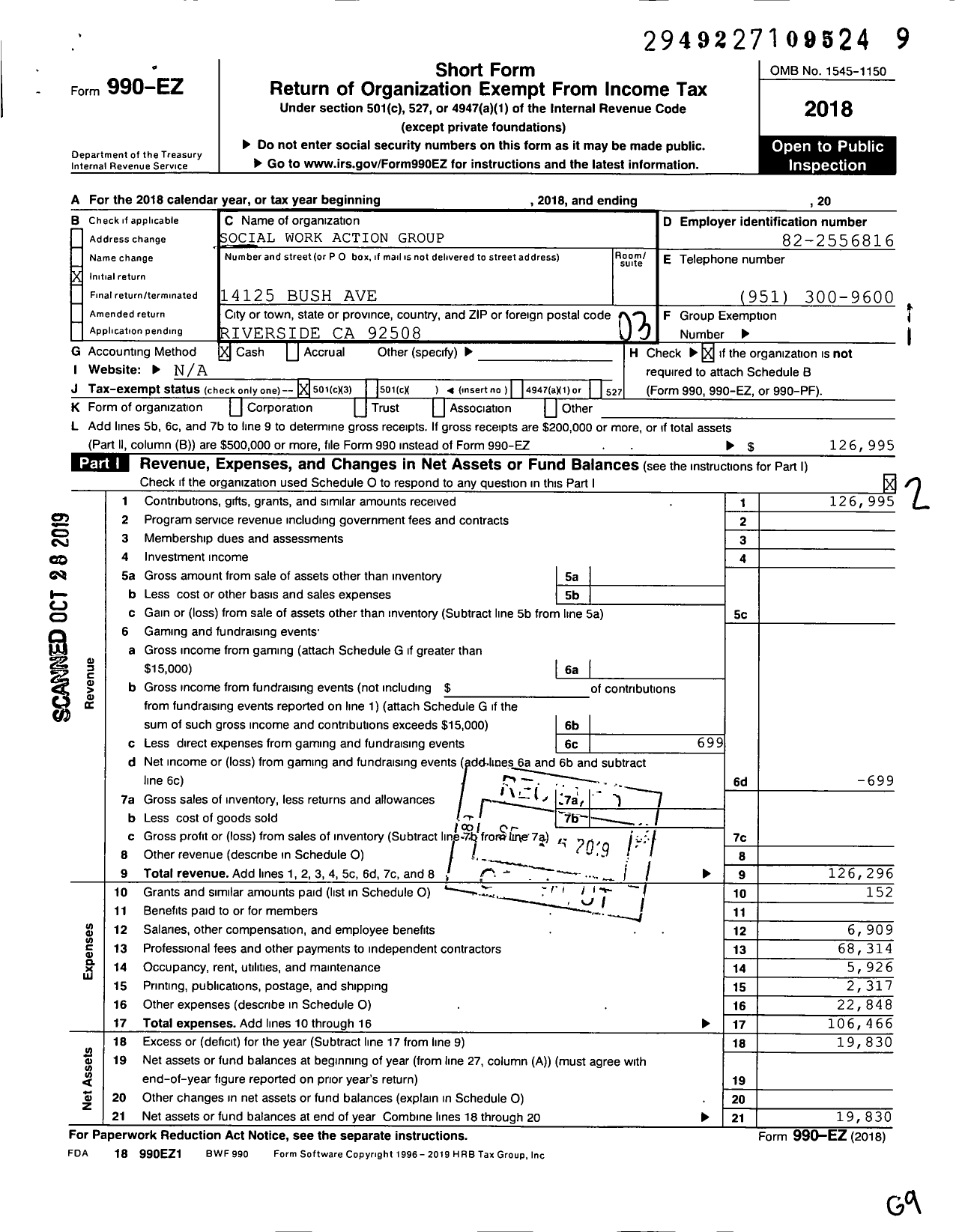 Image of first page of 2018 Form 990EZ for Social Work Action Group