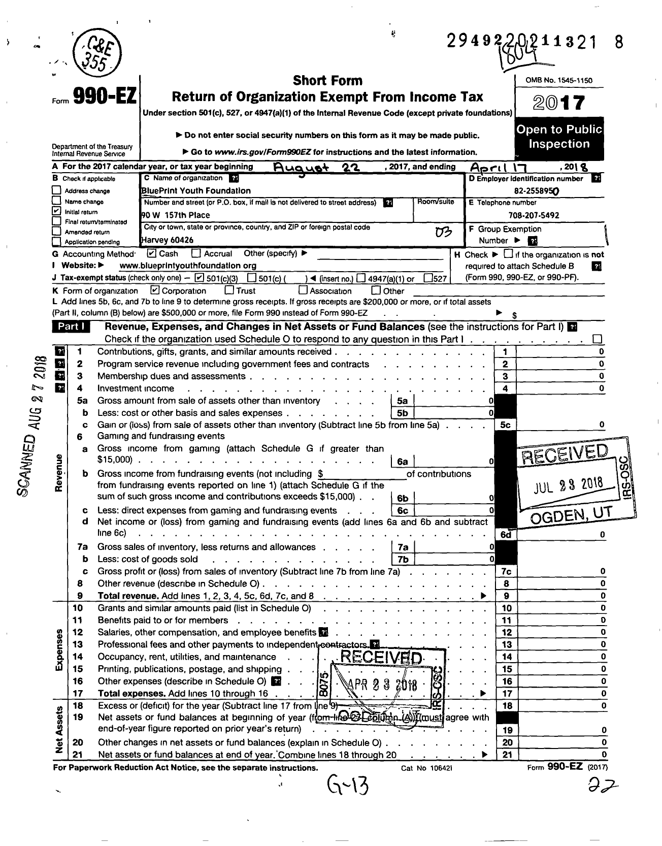 Image of first page of 2017 Form 990EZ for Blue Print Youth Foundation