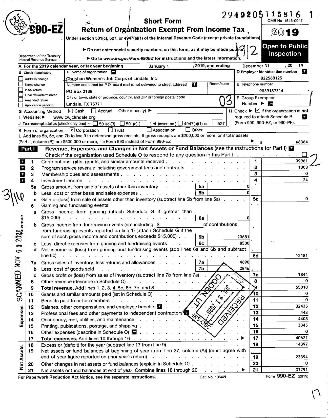 Image of first page of 2019 Form 990EZ for Christian Womens Job Corps of Lindale