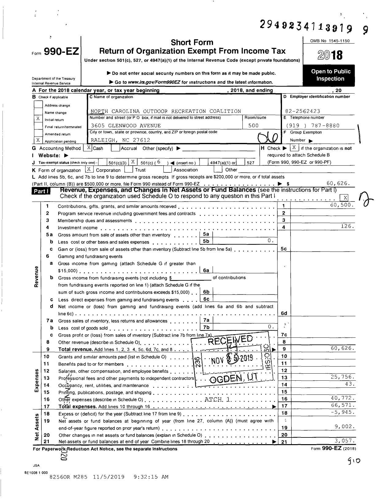 Image of first page of 2018 Form 990EO for North Carolina Outdoor Recreation Coalition