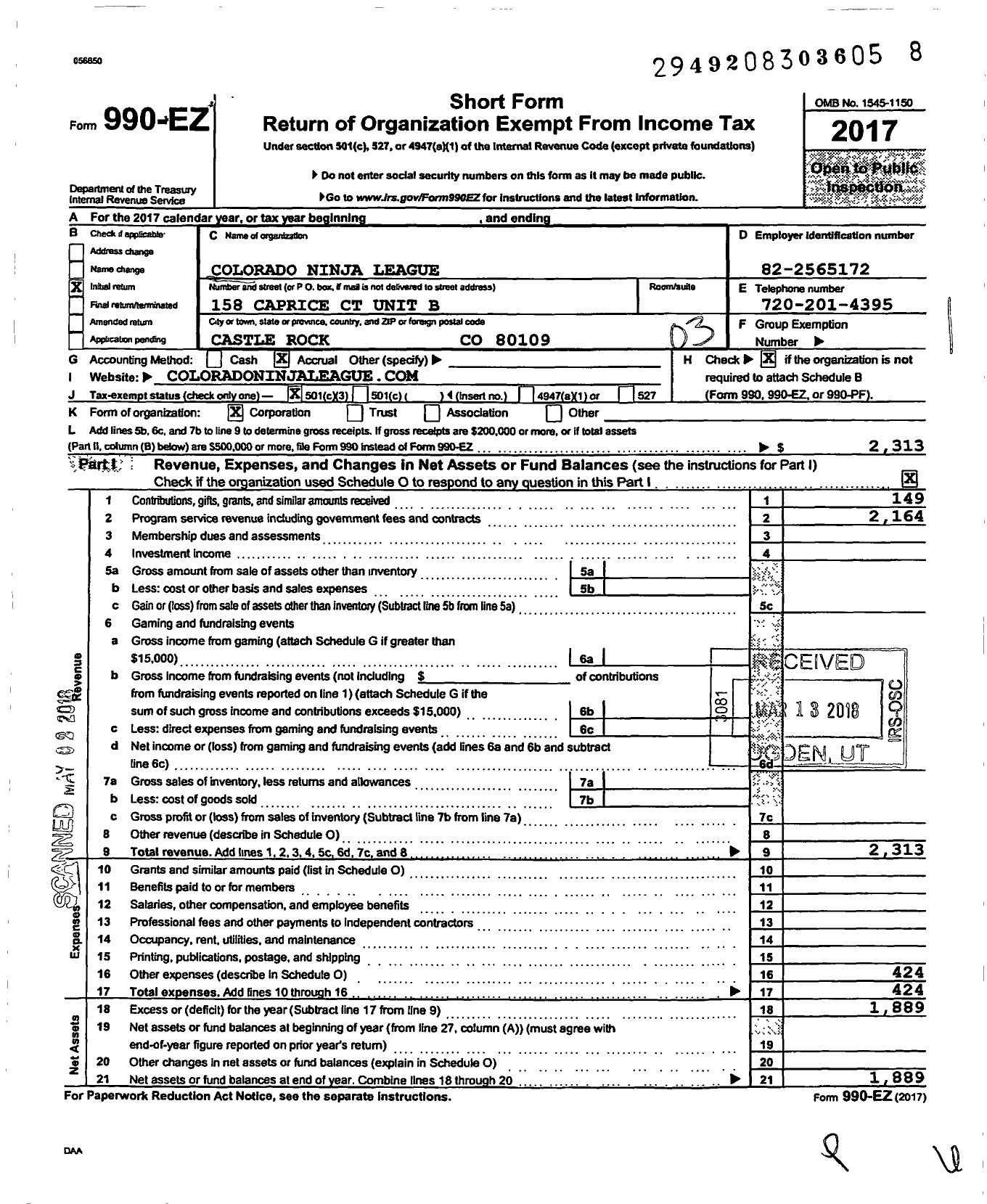 Image of first page of 2017 Form 990EZ for Colorado Ninja League