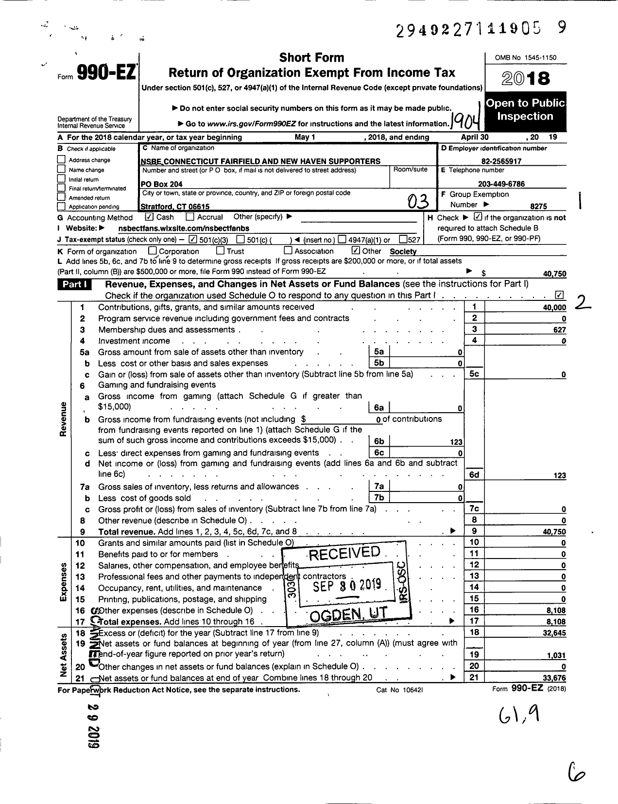 Image of first page of 2018 Form 990EZ for National Society of Black Engineers - 254196 CT Fairfield and New Haven