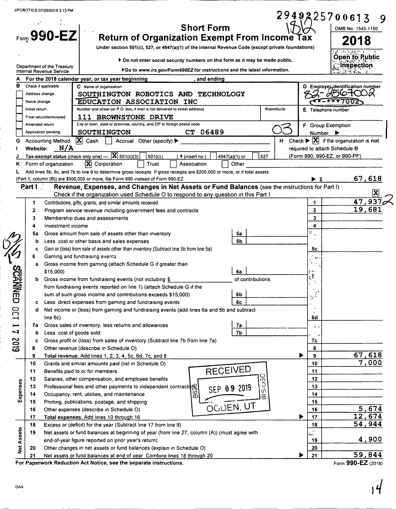 Image of first page of 2018 Form 990EZ for Southington Robotics and Technology Education Association