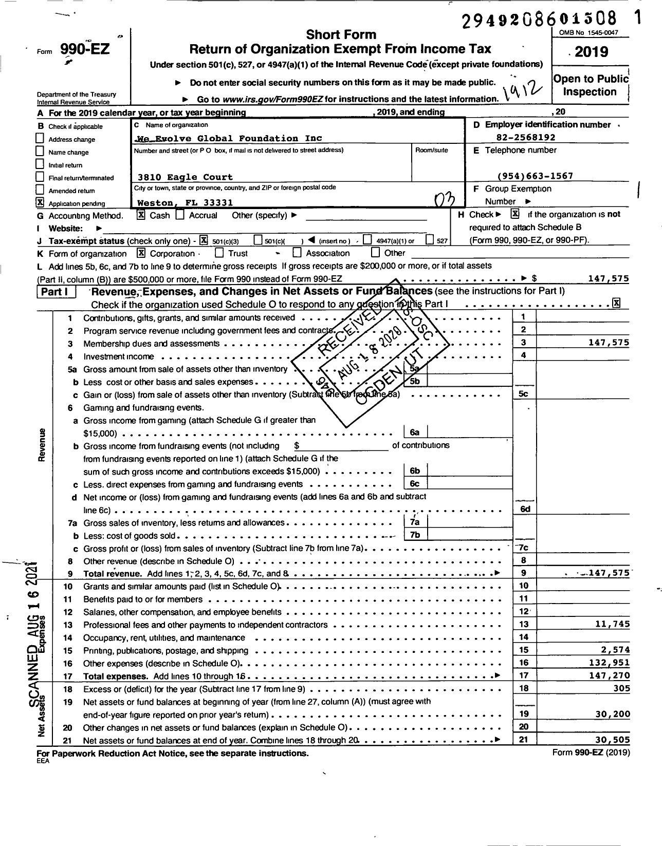 Image of first page of 2019 Form 990EZ for We Evolve Global Foundation