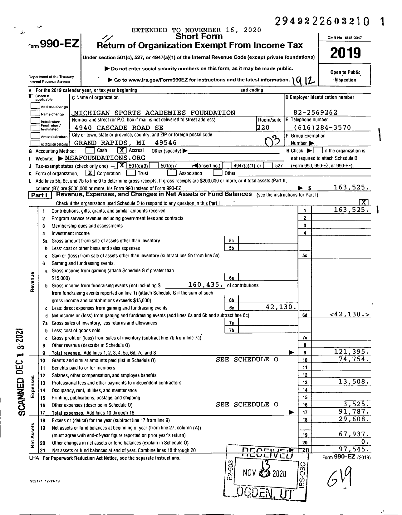 Image of first page of 2019 Form 990EZ for Michigan Sports Academies Foundation