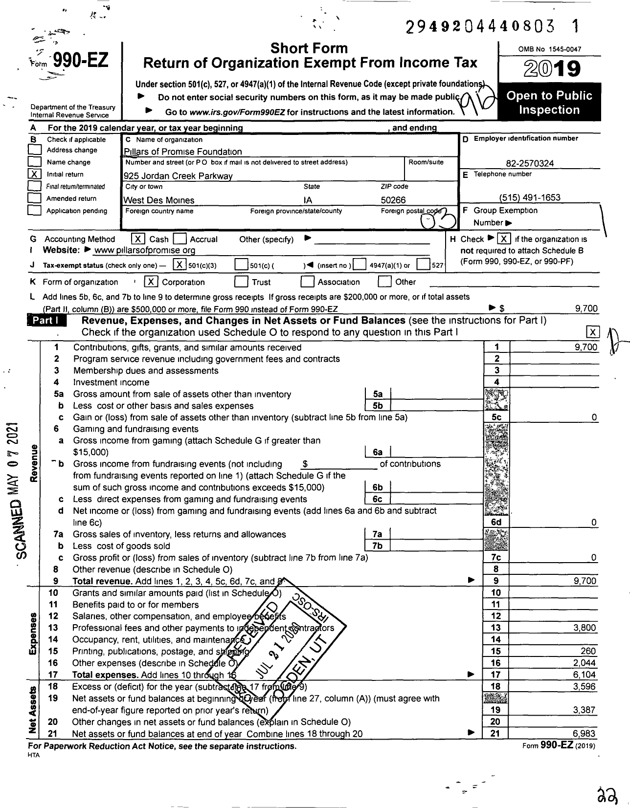 Image of first page of 2019 Form 990EZ for Pillars of Promise Foundation