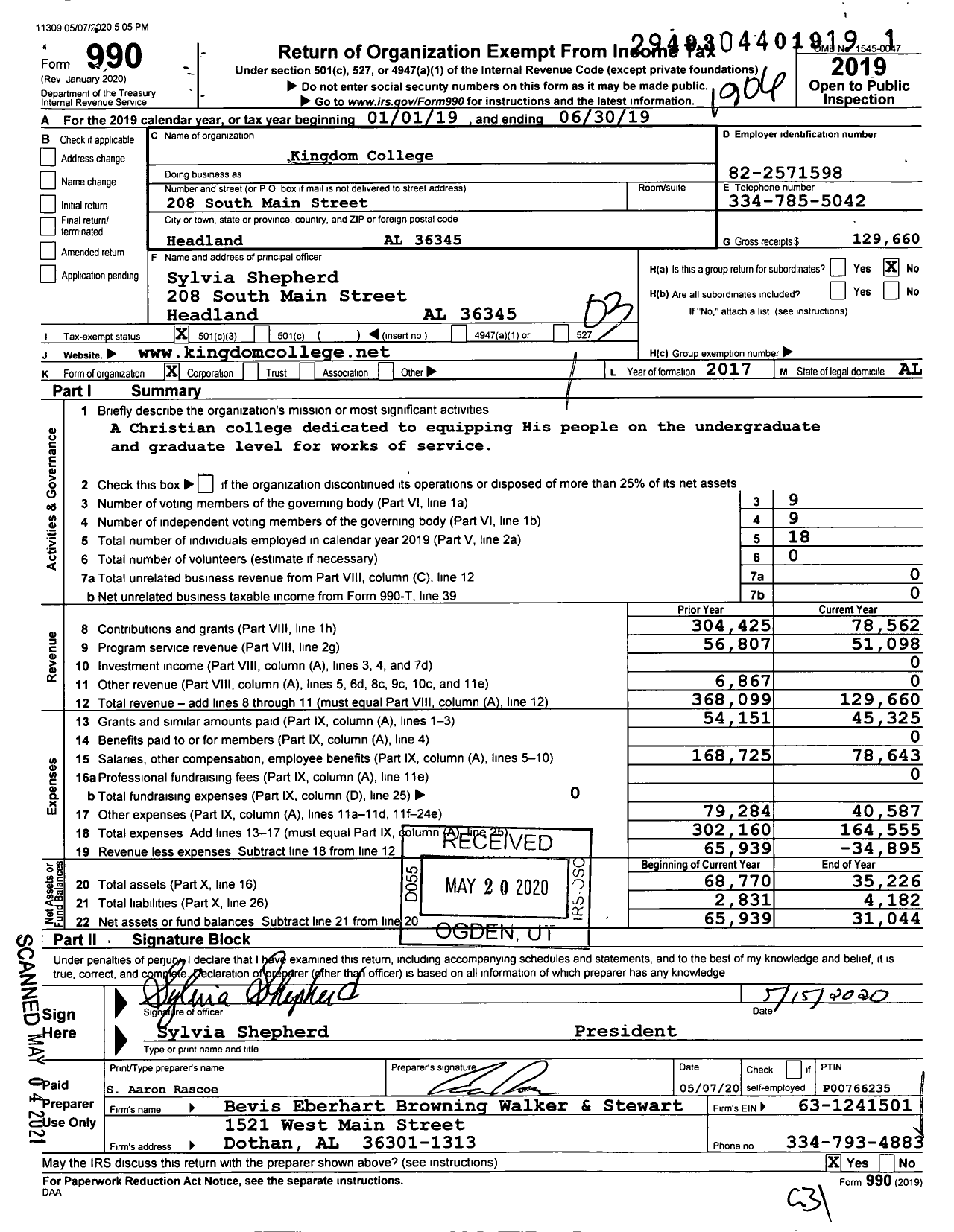 Image of first page of 2018 Form 990 for Kingdom College