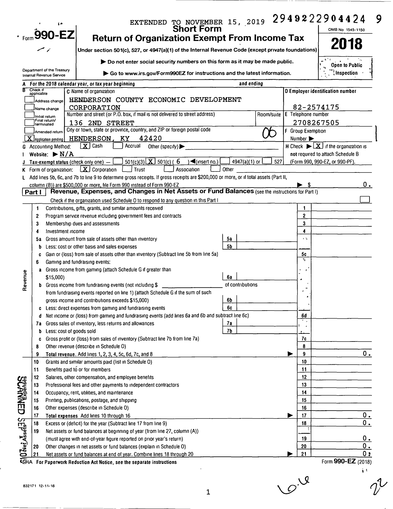 Image of first page of 2018 Form 990EO for Henderson County Economic Development Corporation