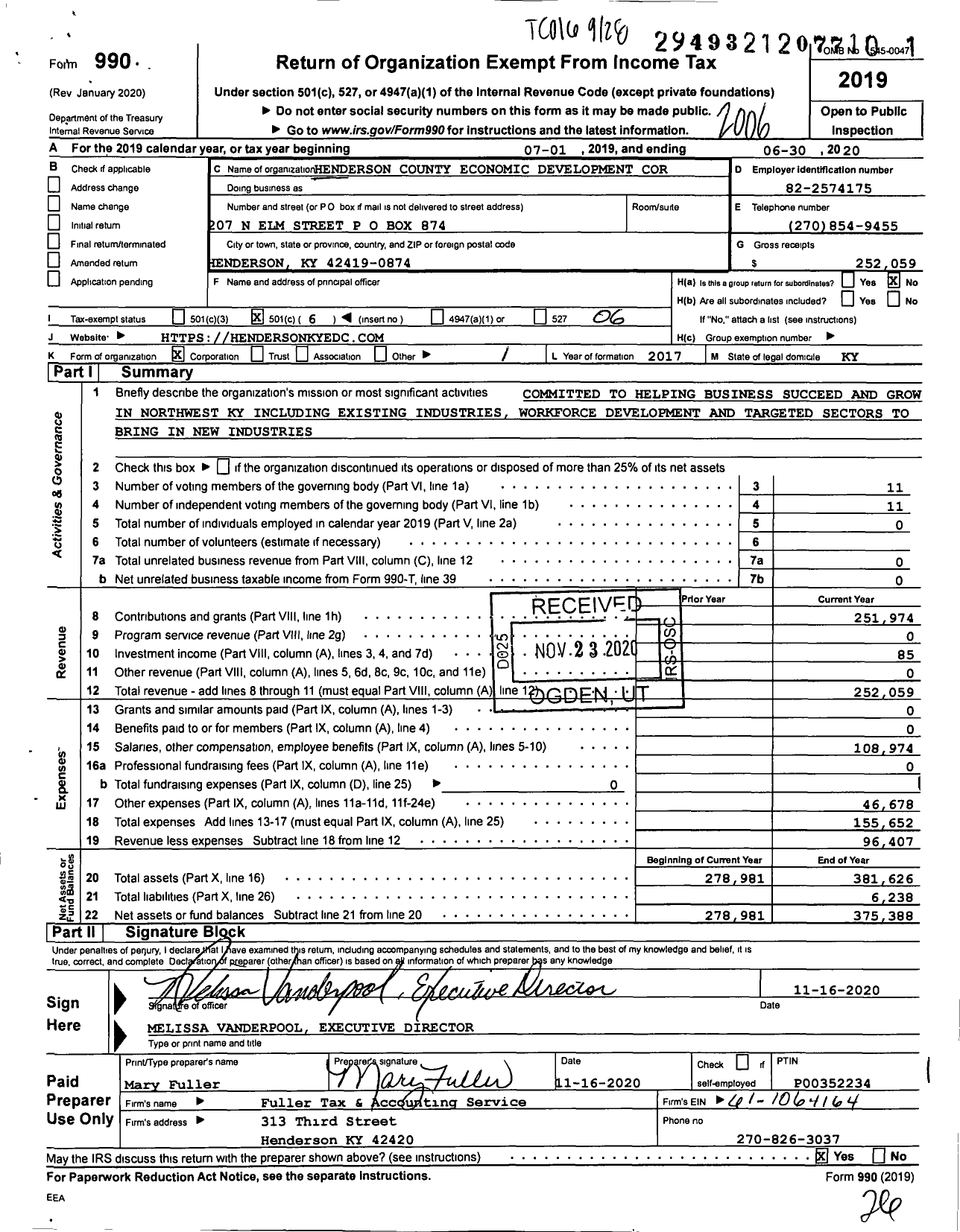 Image of first page of 2019 Form 990O for Henderson County Economic Development Corporation