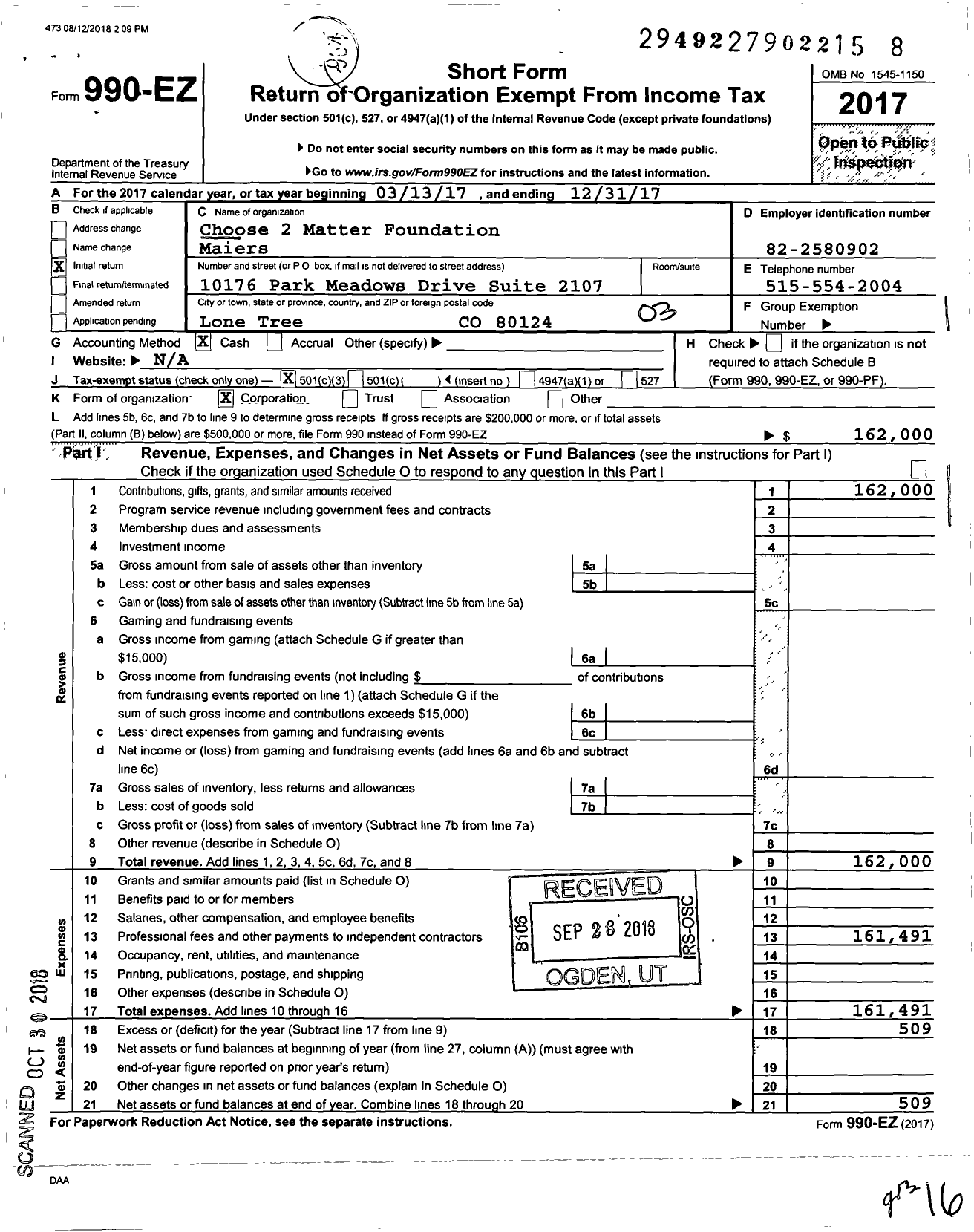 Image of first page of 2017 Form 990EZ for Choose 2 Matter