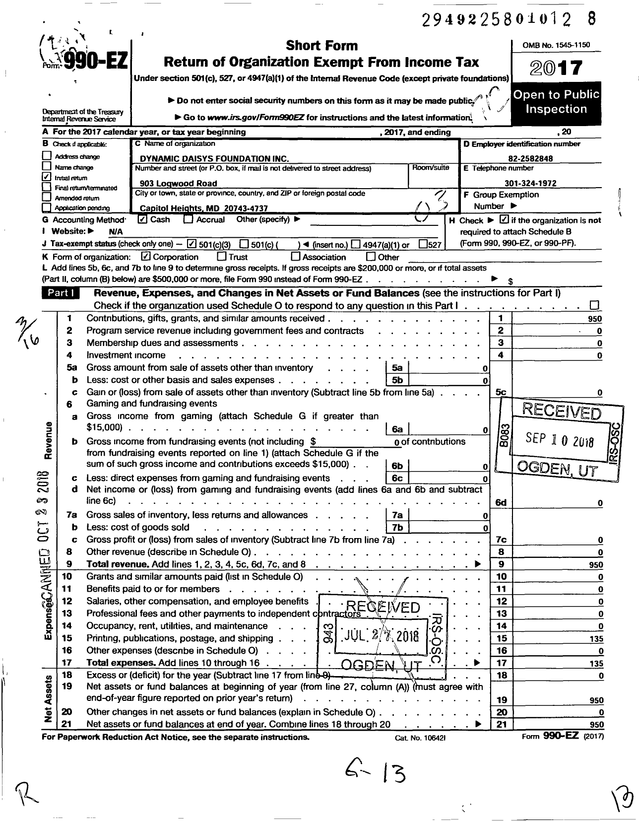 Image of first page of 2017 Form 990EZ for Dynamic Daisys Foundation