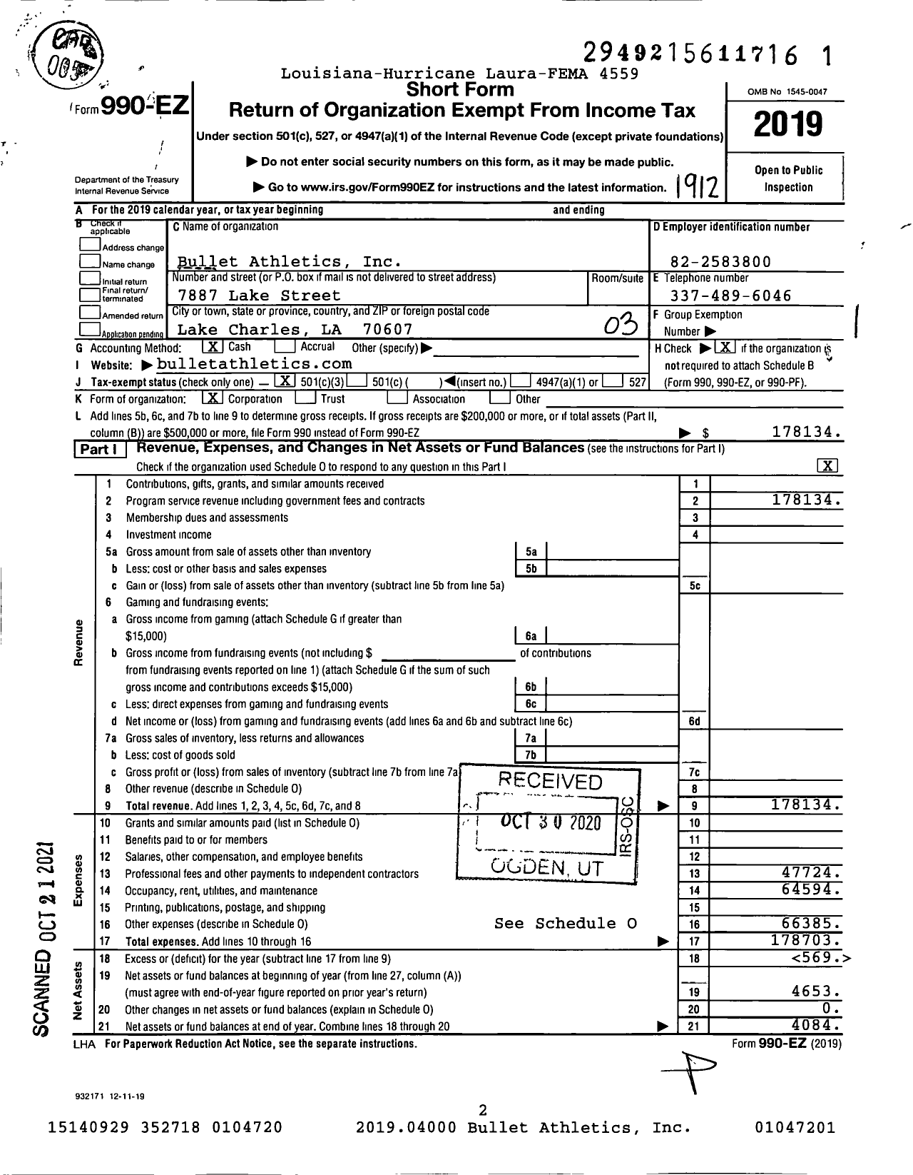 Image of first page of 2019 Form 990EZ for Bullet Athletics