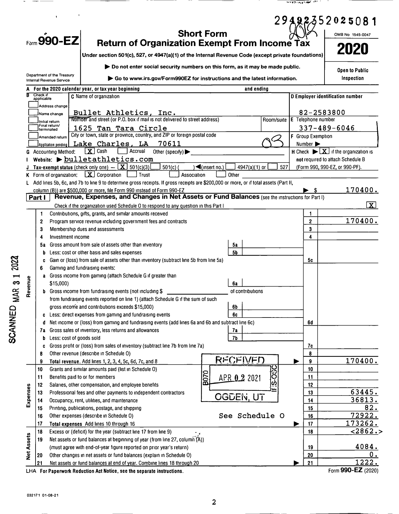 Image of first page of 2020 Form 990EZ for Bullet Athletics