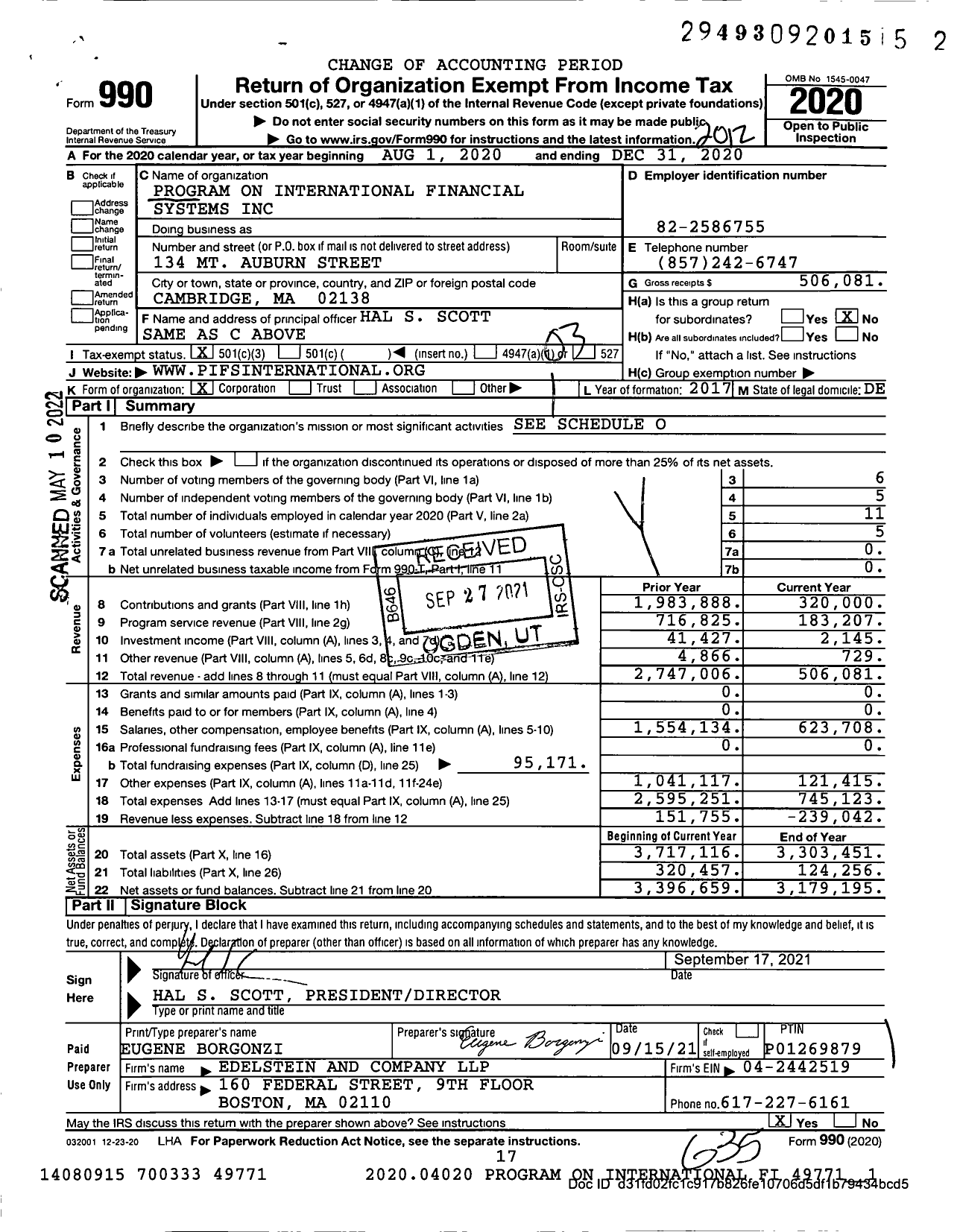 Image of first page of 2020 Form 990 for Program on International Financial Systems