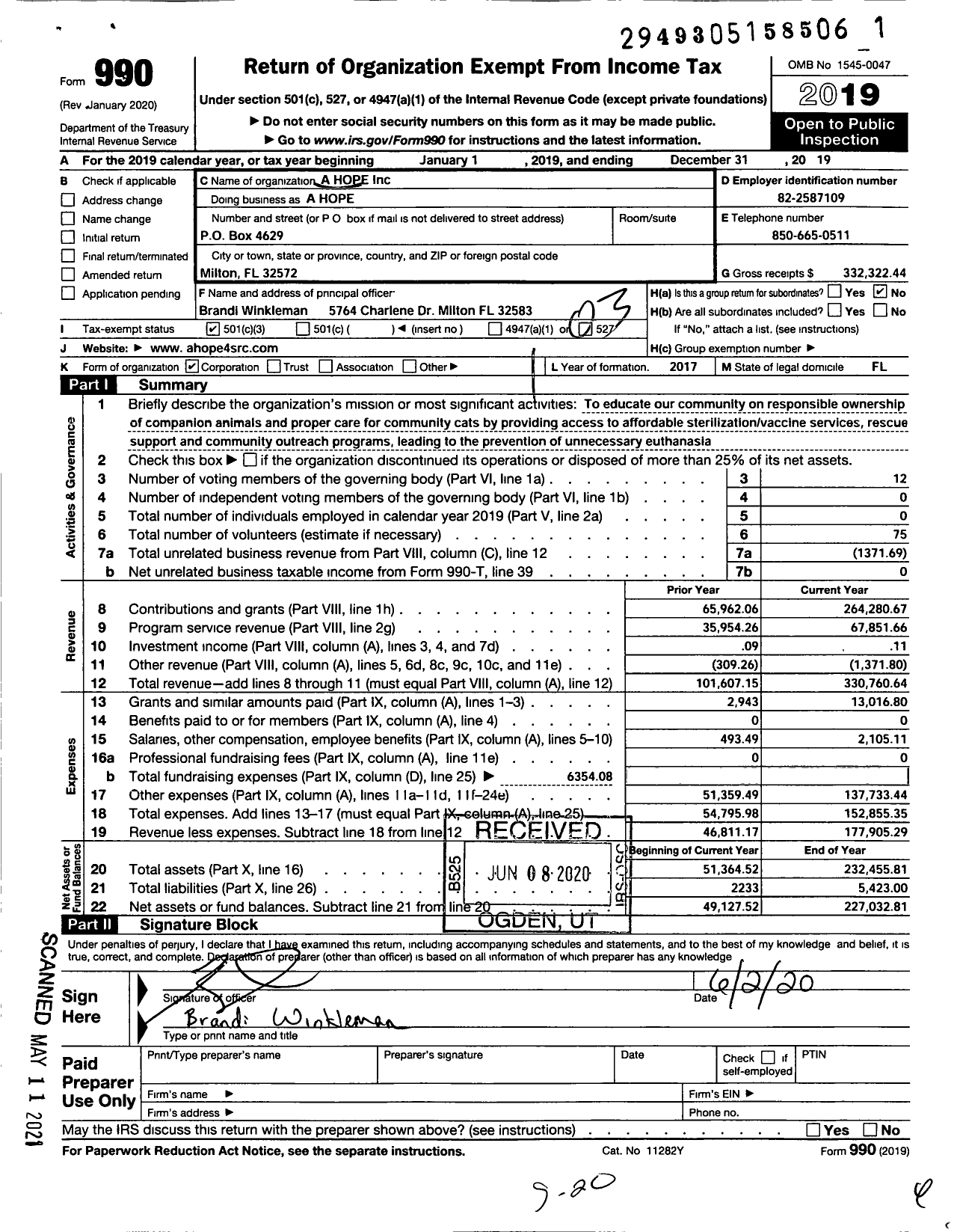 Image of first page of 2019 Form 990 for A Hope