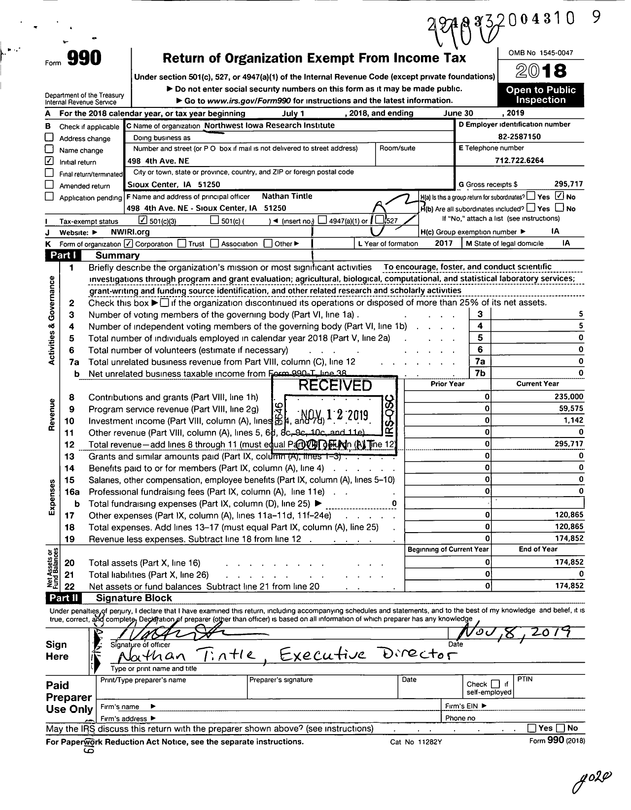 Image of first page of 2018 Form 990 for Northwest Iowa Research Institute