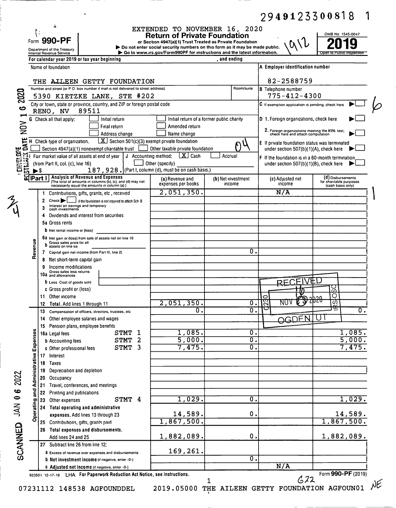 Image of first page of 2019 Form 990PF for The Aileen Getty Foundation