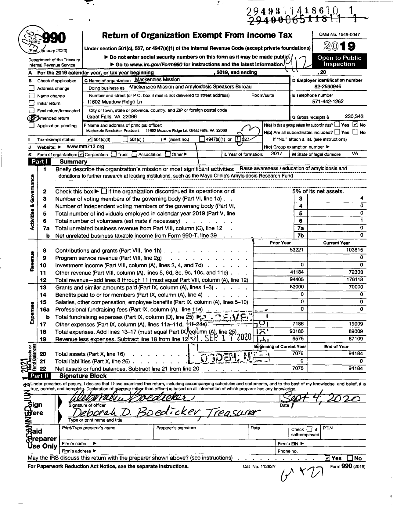 Image of first page of 2019 Form 990 for Mackenzies Mission