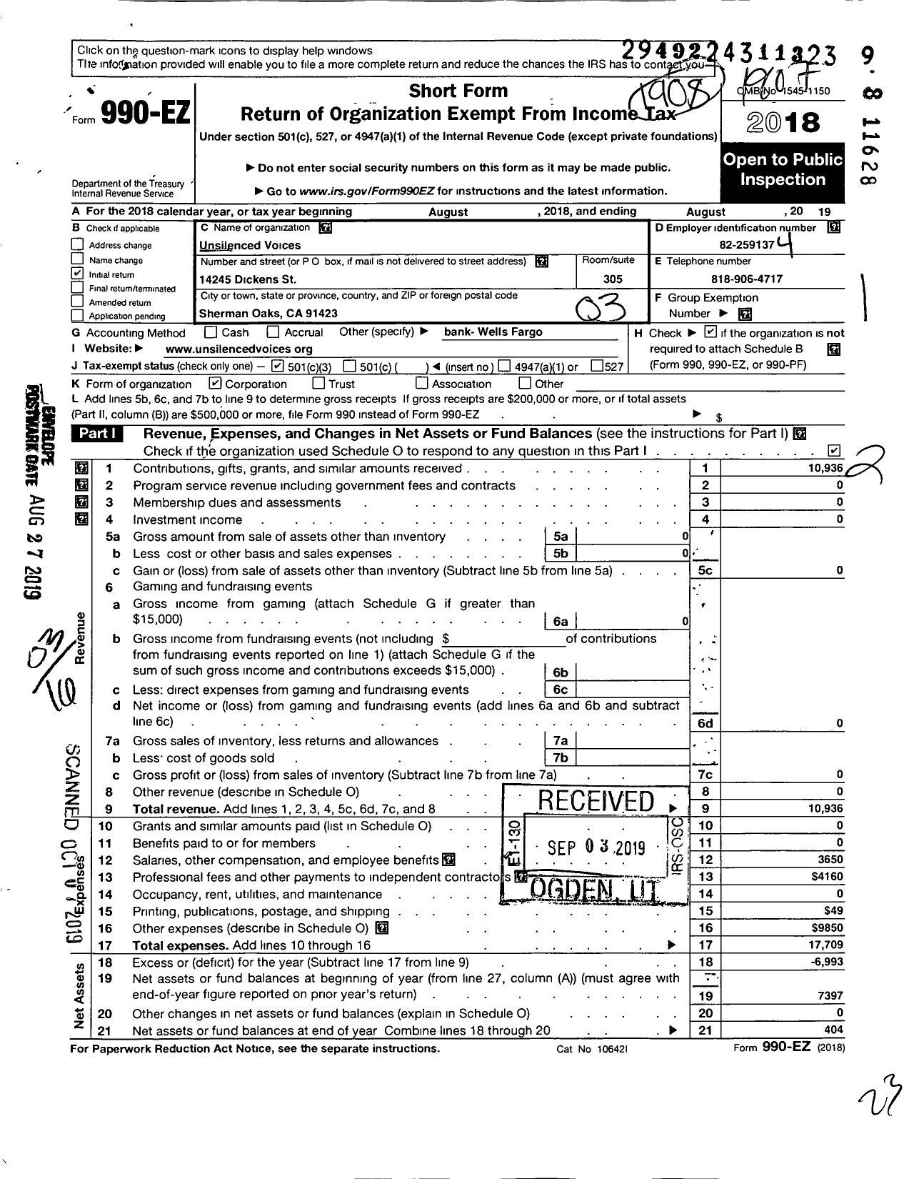 Image of first page of 2018 Form 990EZ for Unsilenced Voices