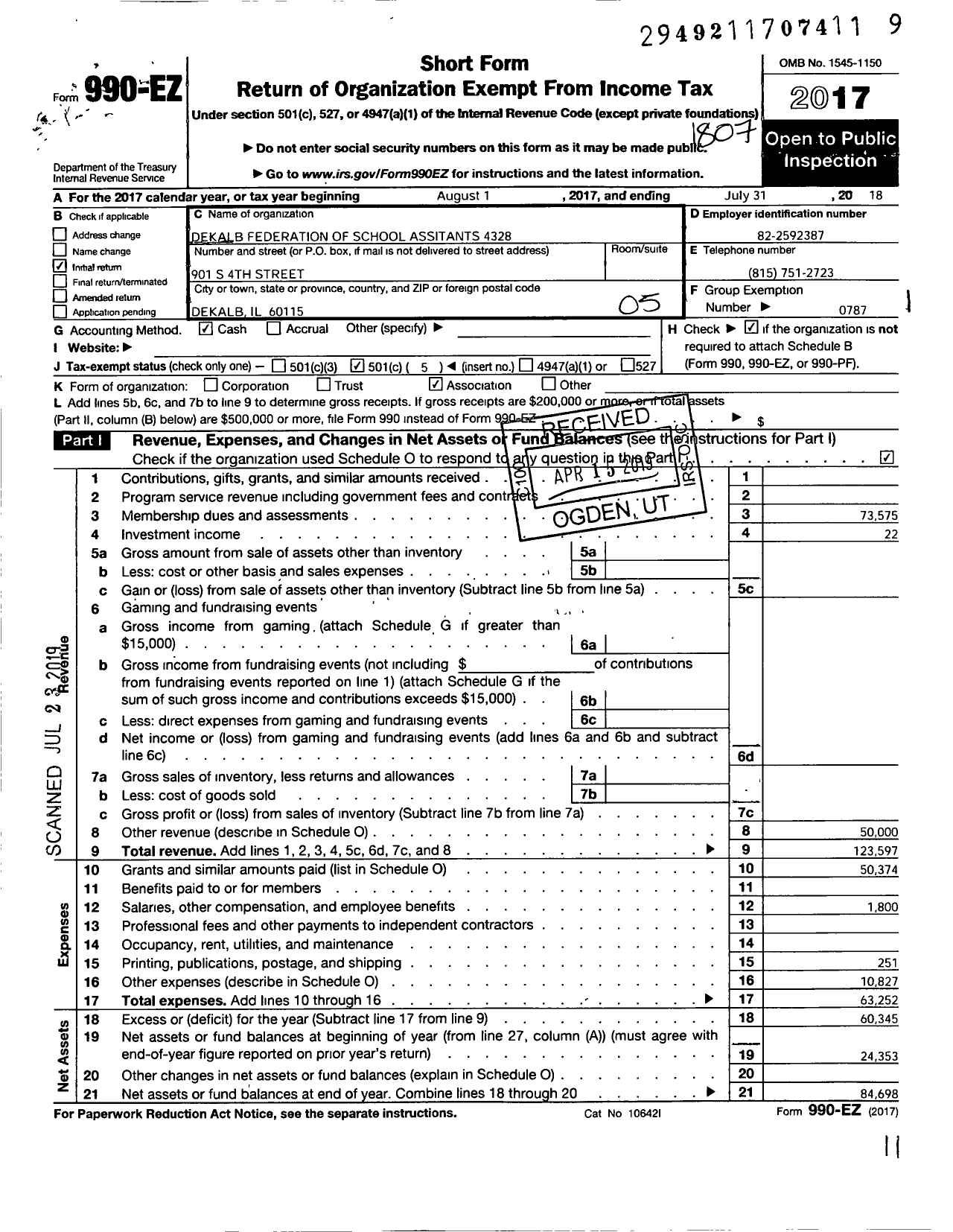 Image of first page of 2017 Form 990EO for American Federation of Teachers - Dekalb Federation of School As 4328